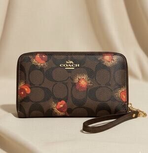 Coach Corner Zip Wristlet Wallet in Brown Signature Canvas with Pop Floral C6417